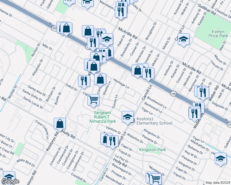 map of restaurants, bars, coffee shops, grocery stores, and more near 5217 Ponderosa Lane in Corpus Christi