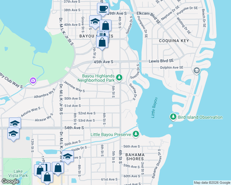 map of restaurants, bars, coffee shops, grocery stores, and more near 4815 5th Street South in St. Petersburg