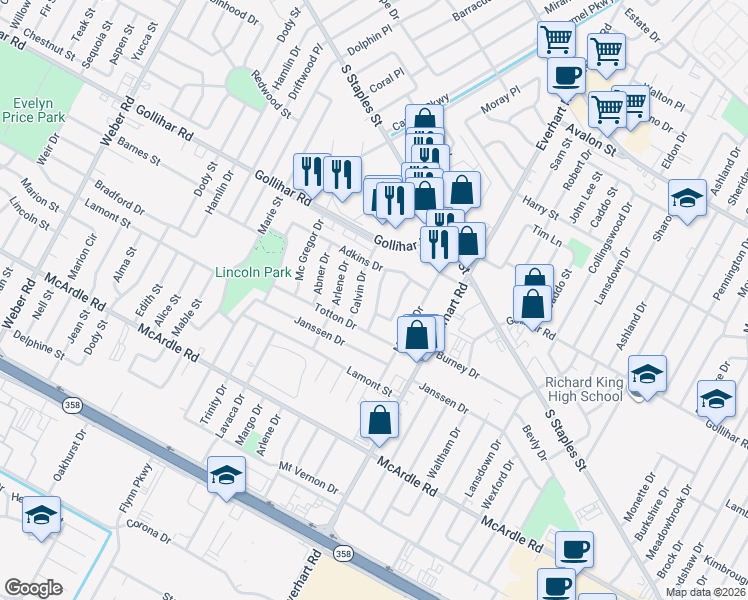 map of restaurants, bars, coffee shops, grocery stores, and more near 4606 Branscomb Drive in Corpus Christi