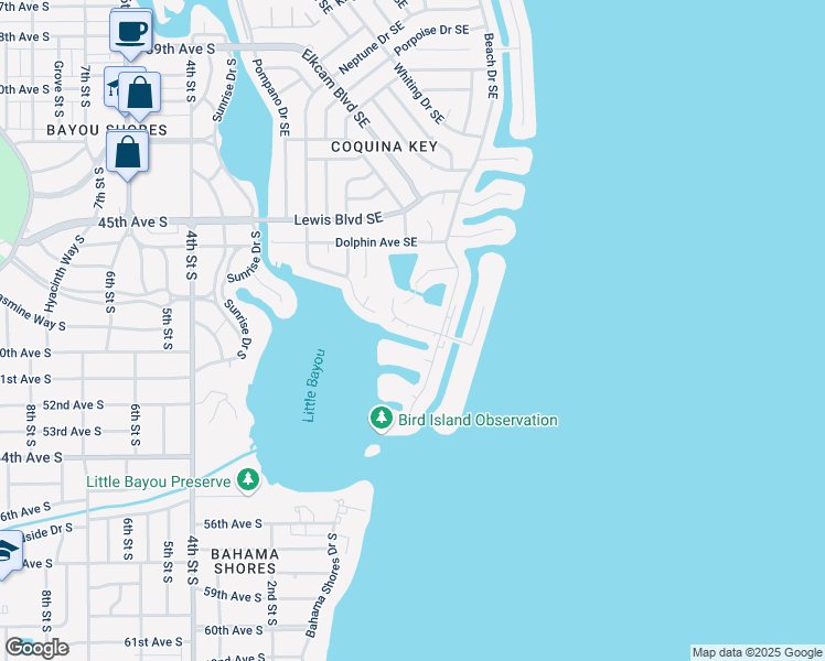 map of restaurants, bars, coffee shops, grocery stores, and more near 4872 Beach Drive Southeast in St. Petersburg