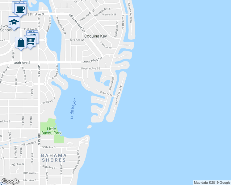 map of restaurants, bars, coffee shops, grocery stores, and more near 4859 Coquina Key Drive Southeast in St. Petersburg