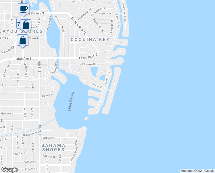 map of restaurants, bars, coffee shops, grocery stores, and more near 4859 Coquina Key Drive Southeast in St. Petersburg