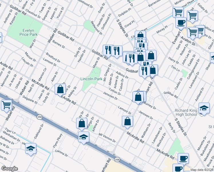 map of restaurants, bars, coffee shops, grocery stores, and more near 4629 Abner Drive in Corpus Christi