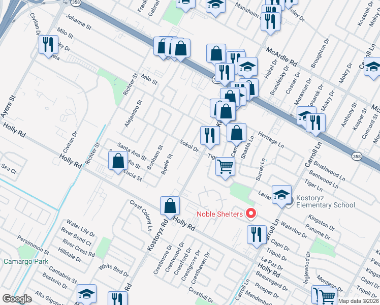 map of restaurants, bars, coffee shops, grocery stores, and more near 3113 Sokol Drive in Corpus Christi