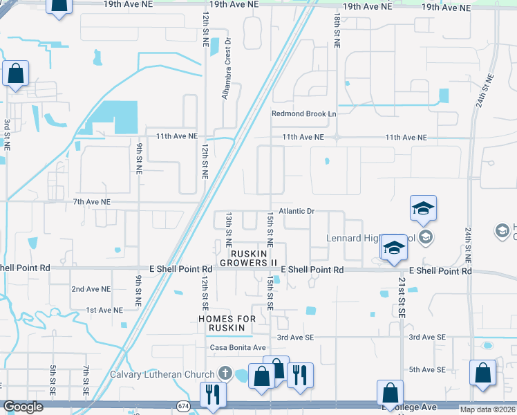 map of restaurants, bars, coffee shops, grocery stores, and more near 1408 Atlantic Drive in Ruskin