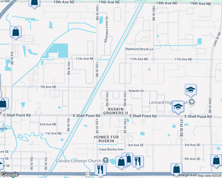 map of restaurants, bars, coffee shops, grocery stores, and more near 1332 Atlantic Drive in Ruskin