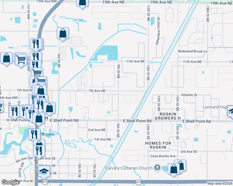 map of restaurants, bars, coffee shops, grocery stores, and more near 812 Barclay Wood Drive in Ruskin
