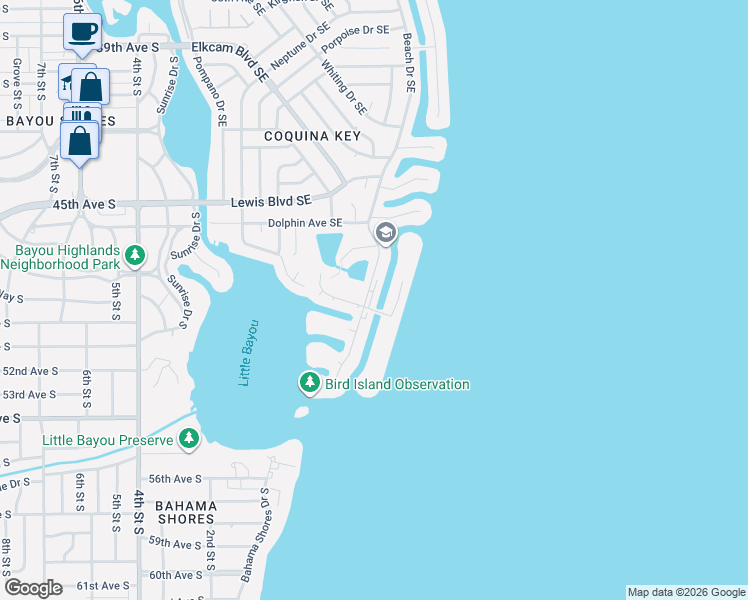 map of restaurants, bars, coffee shops, grocery stores, and more near 4924 Beach Drive Southeast in St. Petersburg