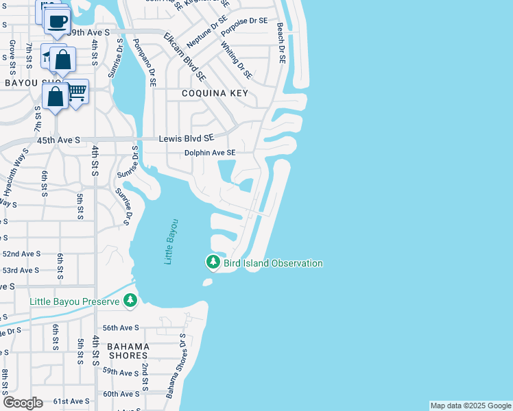 map of restaurants, bars, coffee shops, grocery stores, and more near 4924 Beach Drive Southeast in Saint Petersburg