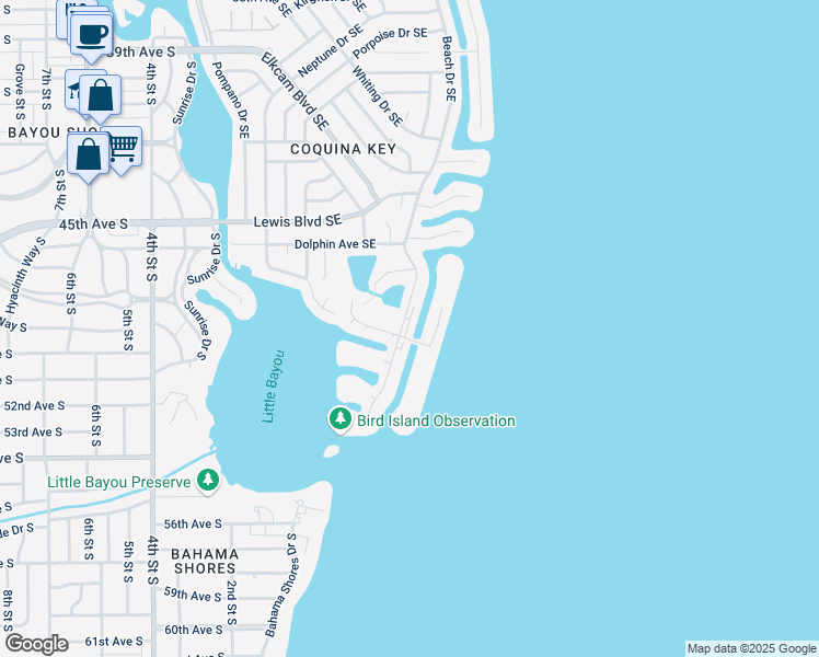 map of restaurants, bars, coffee shops, grocery stores, and more near 4954 Beach Drive Southeast in Saint Petersburg