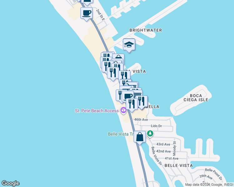 map of restaurants, bars, coffee shops, grocery stores, and more near 5000 Gulf Boulevard in St. Pete Beach