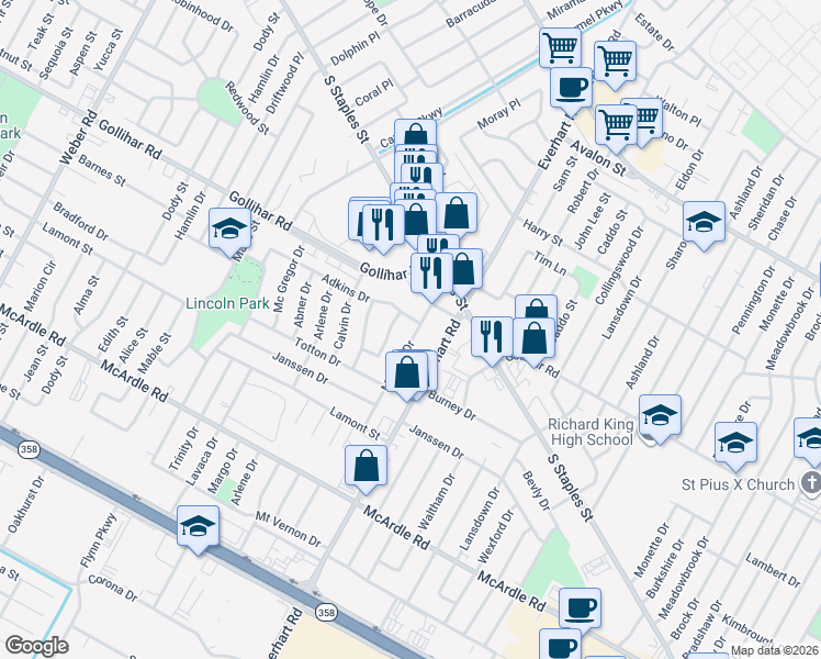 map of restaurants, bars, coffee shops, grocery stores, and more near 4605 Mildred Drive in Corpus Christi