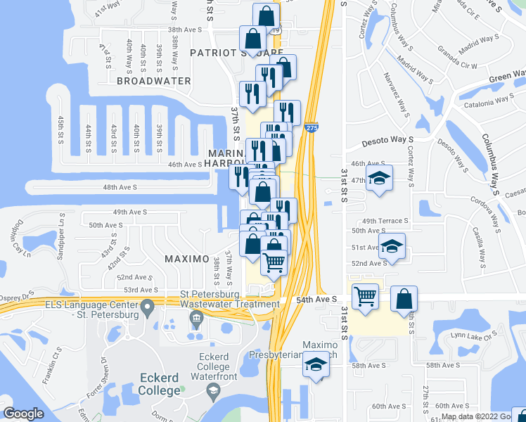 map of restaurants, bars, coffee shops, grocery stores, and more near 4905 34th Street South in St. Petersburg