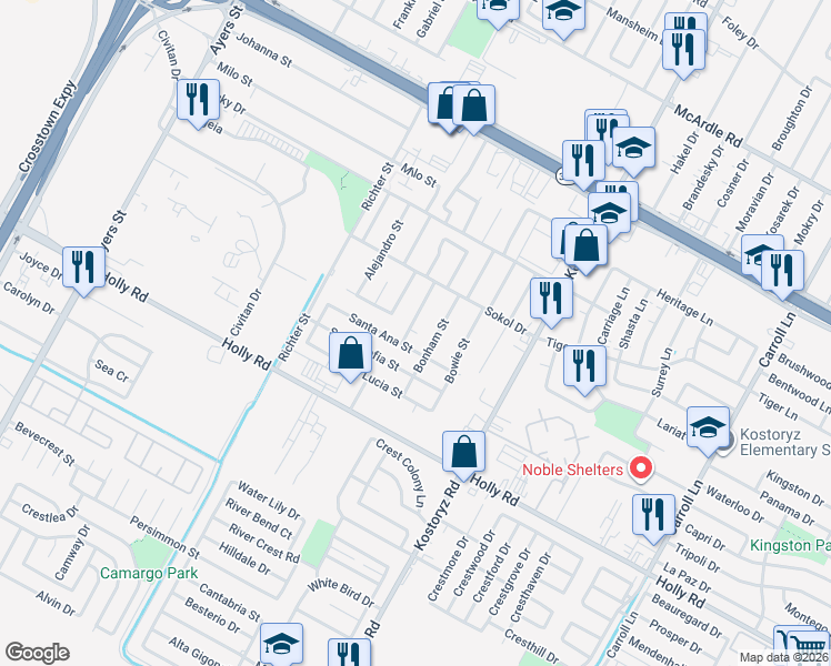 map of restaurants, bars, coffee shops, grocery stores, and more near 5430 Wharton Street in Corpus Christi