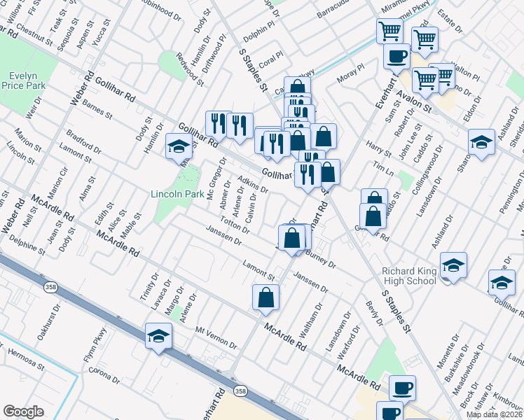 map of restaurants, bars, coffee shops, grocery stores, and more near 4606 Branscomb Drive in Corpus Christi