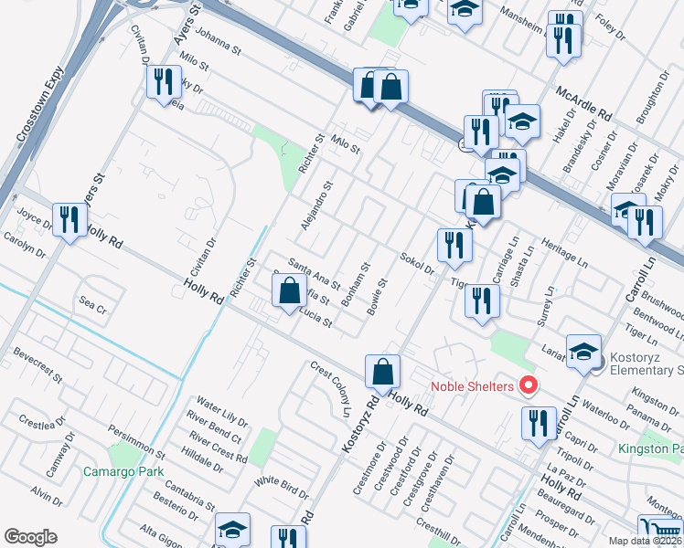 map of restaurants, bars, coffee shops, grocery stores, and more near 5430 Wharton Street in Corpus Christi