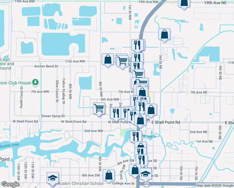 map of restaurants, bars, coffee shops, grocery stores, and more near 204 7th Avenue Northwest in Ruskin