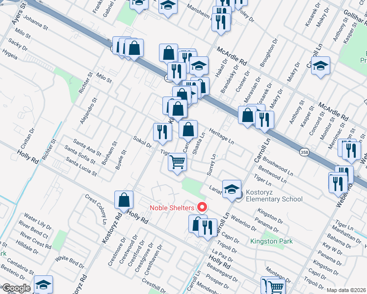 map of restaurants, bars, coffee shops, grocery stores, and more near 5302 Carriage Lane in Corpus Christi