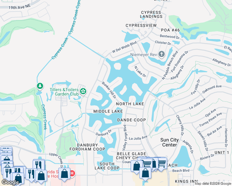 map of restaurants, bars, coffee shops, grocery stores, and more near 1623 Bunker Hill Drive in Sun City Center