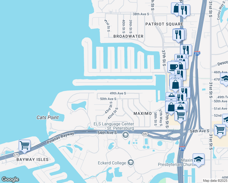 map of restaurants, bars, coffee shops, grocery stores, and more near 4197 49th Avenue South in St. Petersburg