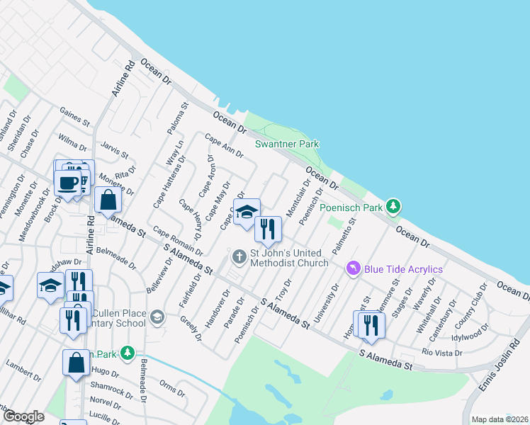 map of restaurants, bars, coffee shops, grocery stores, and more near 344 Bayshore Drive in Corpus Christi