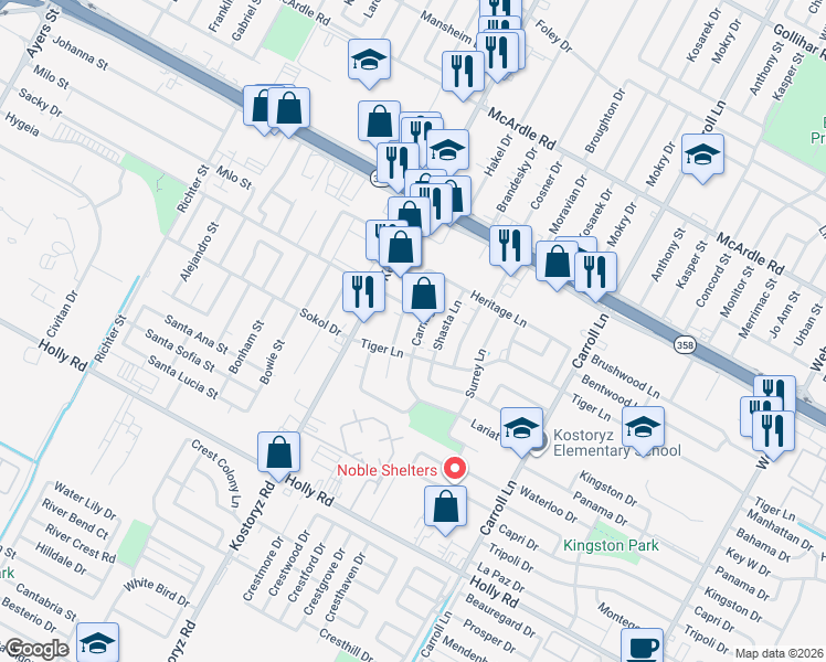 map of restaurants, bars, coffee shops, grocery stores, and more near 5302 Carriage Lane in Corpus Christi