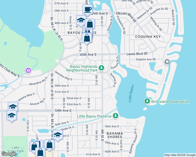 map of restaurants, bars, coffee shops, grocery stores, and more near 4815 5th Street South in St. Petersburg