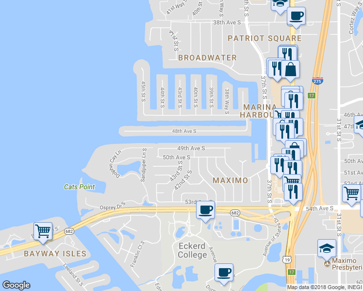 map of restaurants, bars, coffee shops, grocery stores, and more near 4197 49th Ave S in St Petersburg