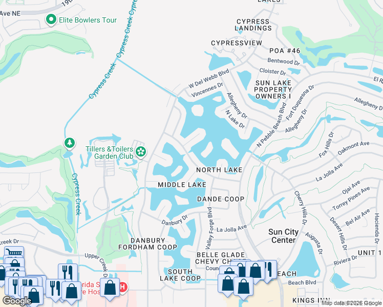 map of restaurants, bars, coffee shops, grocery stores, and more near 1623 Bunker Hill Drive in Sun City Center