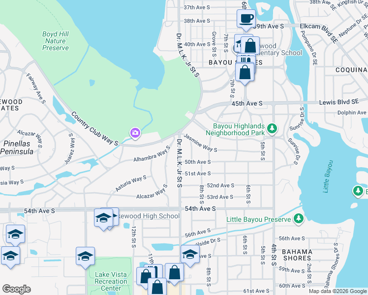 map of restaurants, bars, coffee shops, grocery stores, and more near 4835 Highland Street South in St. Petersburg