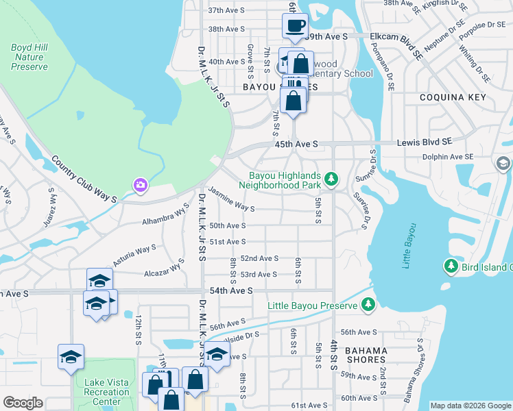 map of restaurants, bars, coffee shops, grocery stores, and more near 681 Jasmine Way South in St. Petersburg