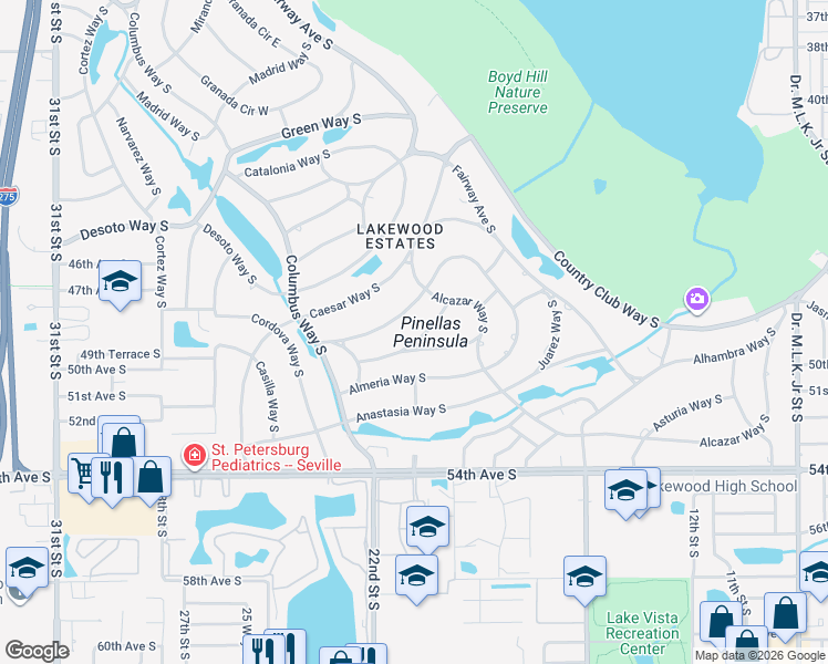 map of restaurants, bars, coffee shops, grocery stores, and more near 2054 Bonita Way South in St. Petersburg