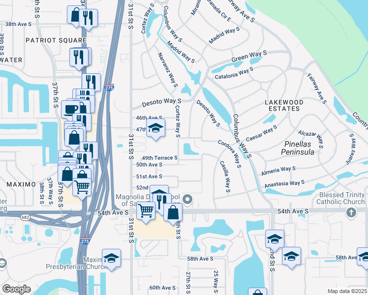 map of restaurants, bars, coffee shops, grocery stores, and more near 4876 28th Street South in St. Petersburg