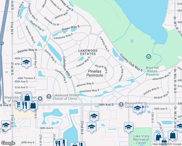 map of restaurants, bars, coffee shops, grocery stores, and more near 2054 Bonita Way South in St. Petersburg