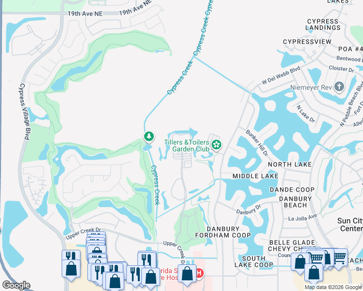 map of restaurants, bars, coffee shops, grocery stores, and more near 1010 American Eagle Boulevard in Sun City Center