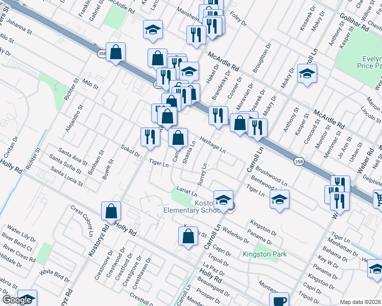 map of restaurants, bars, coffee shops, grocery stores, and more near 5217 Ponderosa Lane in Corpus Christi