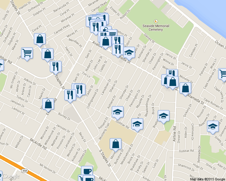 map of restaurants, bars, coffee shops, grocery stores, and more near 709 Sharon Drive in Corpus Christi