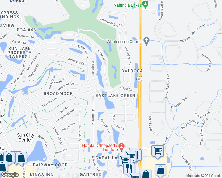map of restaurants, bars, coffee shops, grocery stores, and more near 409 La Jolla Avenue in Sun City Center