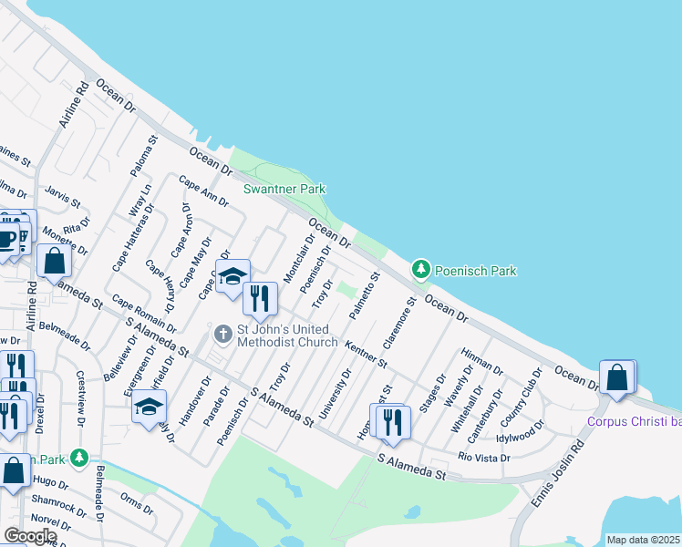 map of restaurants, bars, coffee shops, grocery stores, and more near 5422 Chevy Chase Drive in Corpus Christi