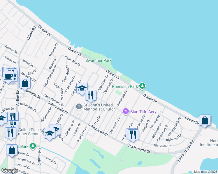 map of restaurants, bars, coffee shops, grocery stores, and more near 308 Poenisch Drive in Corpus Christi
