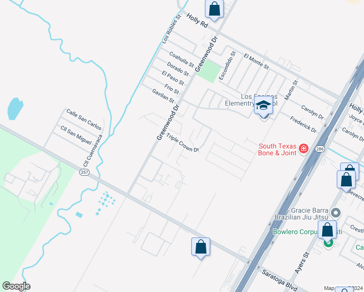 map of restaurants, bars, coffee shops, grocery stores, and more near 6201 Preakness Circle in Corpus Christi