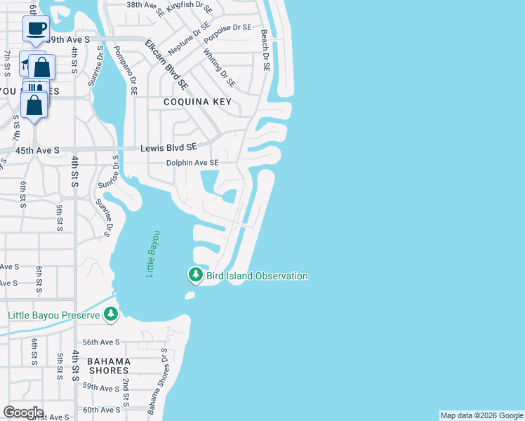 map of restaurants, bars, coffee shops, grocery stores, and more near 4859 Coquina Key Drive Southeast in St. Petersburg