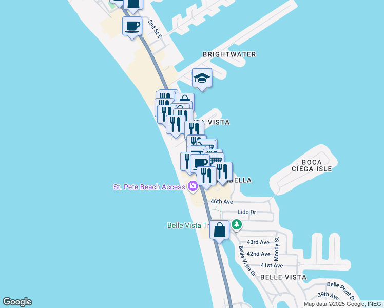 map of restaurants, bars, coffee shops, grocery stores, and more near 5006 Gulf Boulevard in St. Pete Beach
