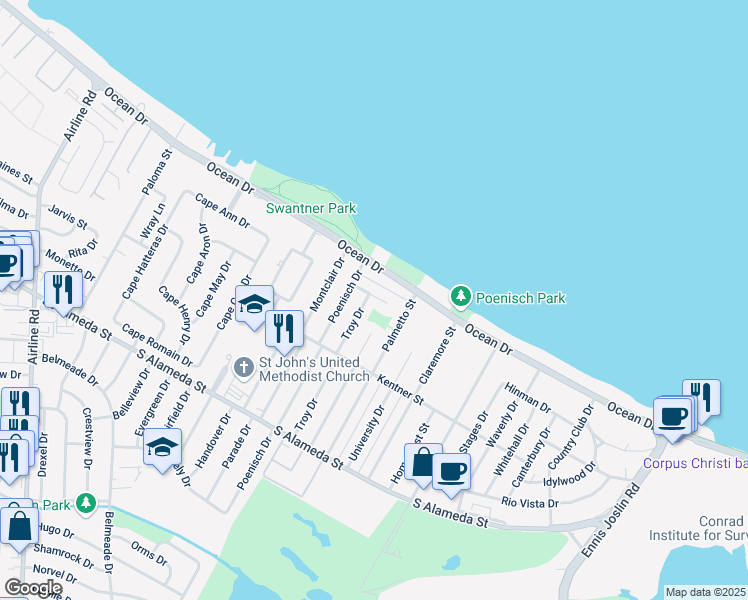map of restaurants, bars, coffee shops, grocery stores, and more near 5422 Chevy Chase Drive in Corpus Christi