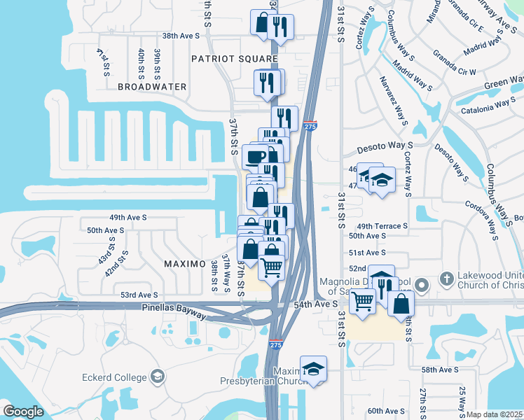 map of restaurants, bars, coffee shops, grocery stores, and more near 4801 34th Street South in St. Petersburg