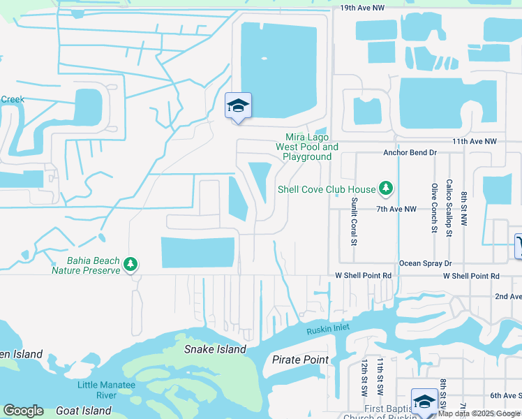 map of restaurants, bars, coffee shops, grocery stores, and more near 1750 Bonita Bluff Court in Ruskin