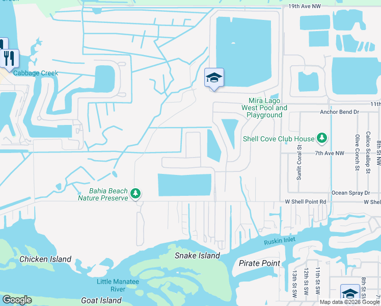map of restaurants, bars, coffee shops, grocery stores, and more near 604 19th Street Northwest in Ruskin