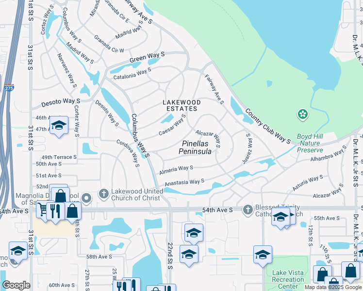 map of restaurants, bars, coffee shops, grocery stores, and more near 2054 Bonita Way South in St. Petersburg