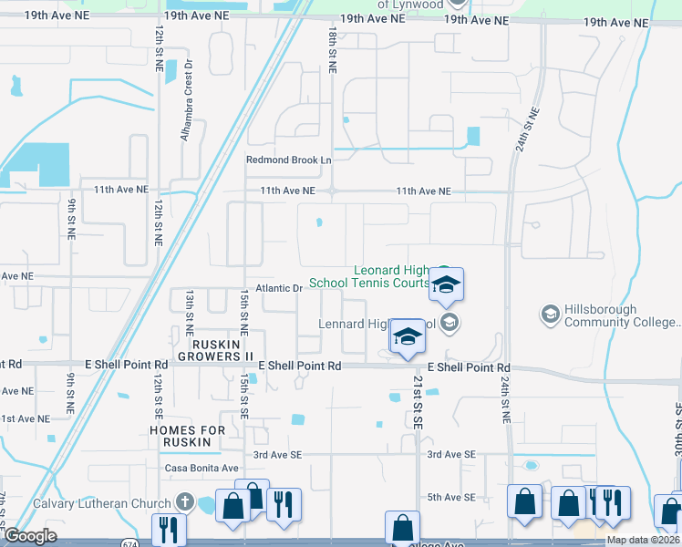 map of restaurants, bars, coffee shops, grocery stores, and more near 1702 Broad Winged Hawk Drive in Ruskin