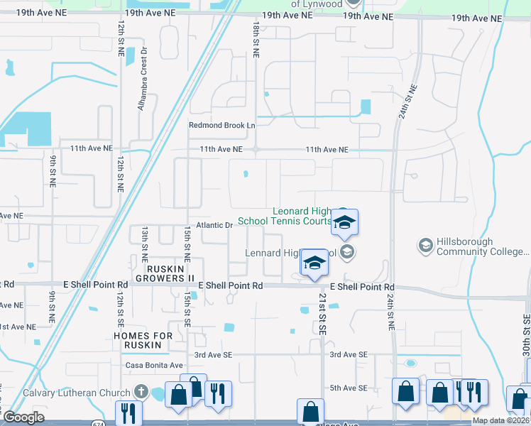 map of restaurants, bars, coffee shops, grocery stores, and more near 1702 Broad Winged Hawk Drive in Ruskin